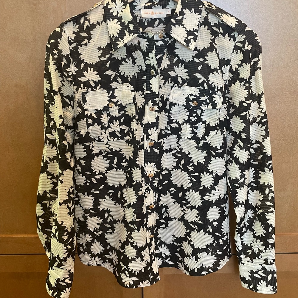 Tory Burch Black and Cream Floral Blouse